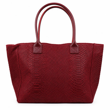 Eclectic Florenza wine suede shopper bag with snake-print texture and top handles, made in Italy.