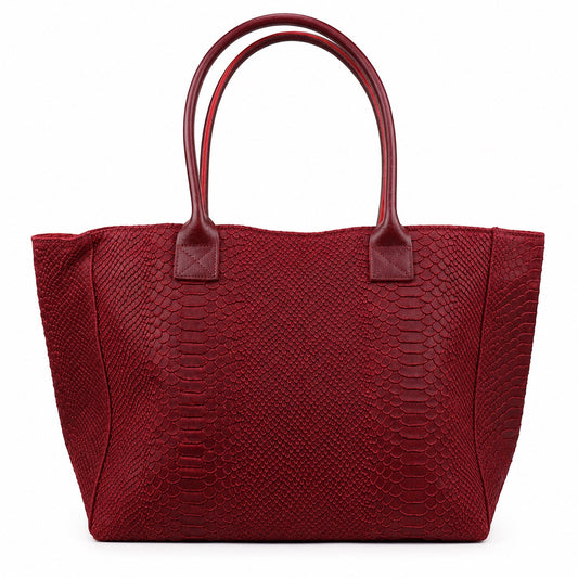 Eclectic Florenza wine suede shopper bag with snake-print texture and top handles, made in Italy.