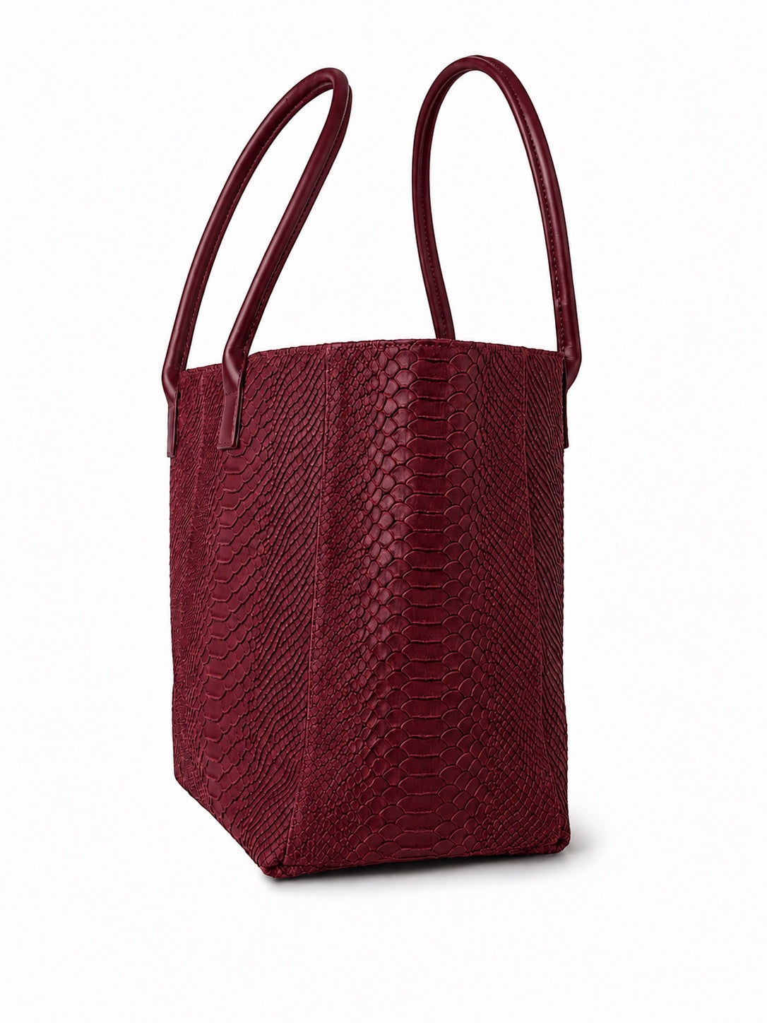 Eclectic Florenza wine suede shopper bag with snake-print texture and top handles, shown from a side angle.
