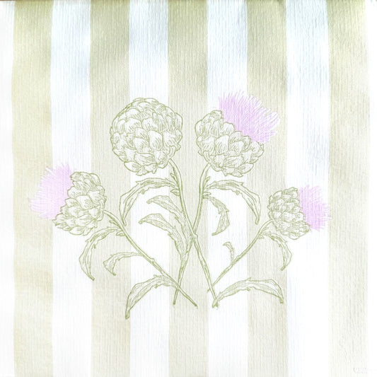 Eclectic Françoise Paviot Artichaut dinner napkin with green artichoke botanical print on a soft striped background.