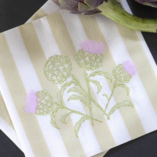 Eclectic Françoise Paviot Artichaut airlaid dinner napkins with green botanical artichoke print on striped background