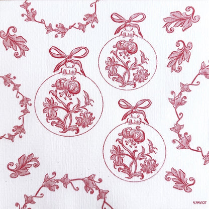 Eclectic Françoise Paviot Boule Baroque airlaid dinner napkin with red festive bauble and floral print on white