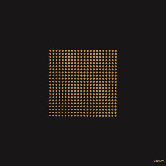 Eclectic Françoise Paviot Cosmos Or cocktail napkin featuring a gold geometric dot pattern on a deep black background.