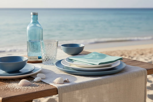 Eclectic Françoise Paviot Bleu Sauge airlaid dinner napkin on a coastal table setting with blue ceramics and sea views.