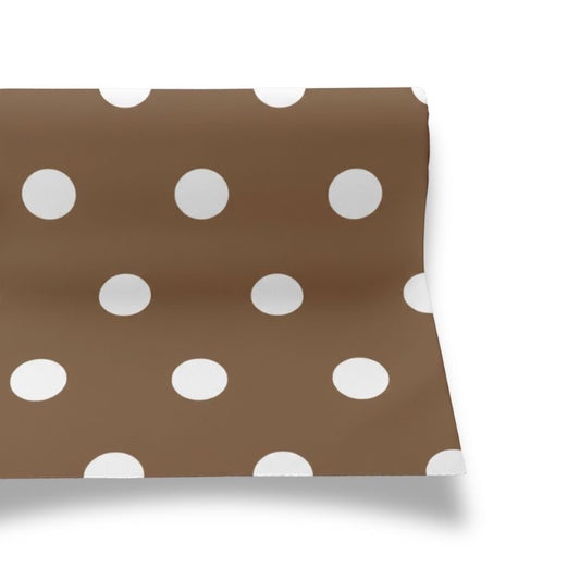 Eclectic Françoise Paviot brown airlaid table runner roll with white polka dots and a linen-like texture.