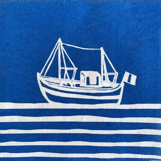 Eclectic Françoise Paviot Chalutier airlaid dinner napkin with a white vintage fishing boat print on a marine blue background