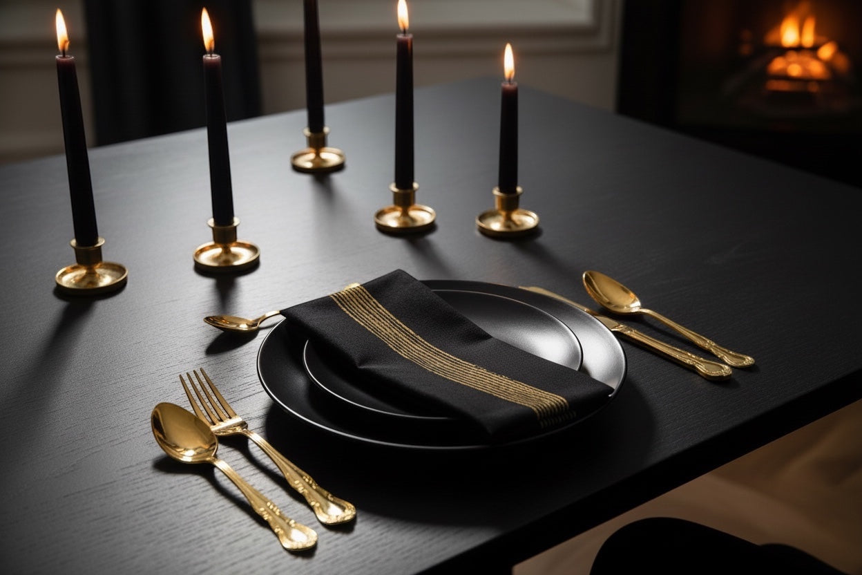 Eclectic Françoise Paviot Empreinte Or dinner napkin with gold lines on a black plate at a formal table setting