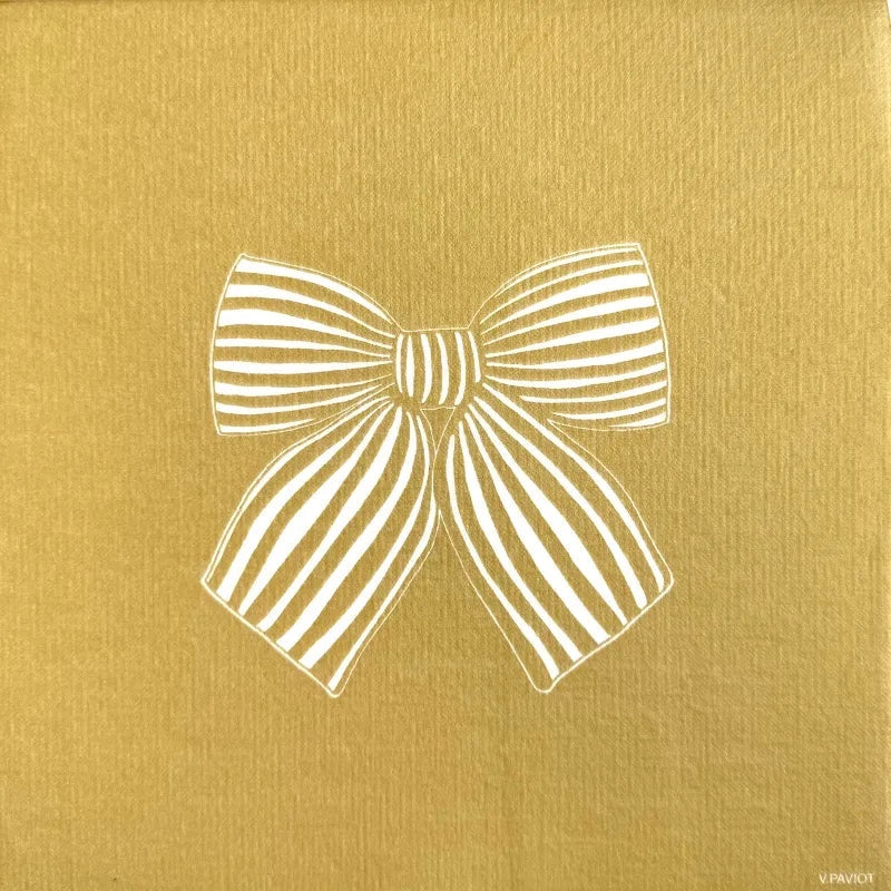 Eclectic Françoise Paviot gold airlaid dinner napkin featuring a white linear ribbon bow design for festive tables.