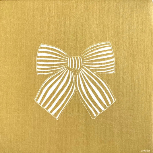 Eclectic Françoise Paviot gold airlaid dinner napkin featuring a white linear ribbon bow design for festive tables.