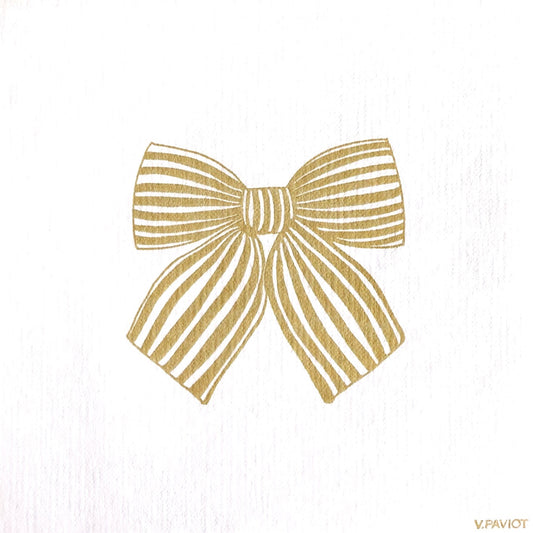 Eclectic Françoise Paviot Noeud Or cocktail napkin featuring a gold striped bow design on white linen-like airlaid paper