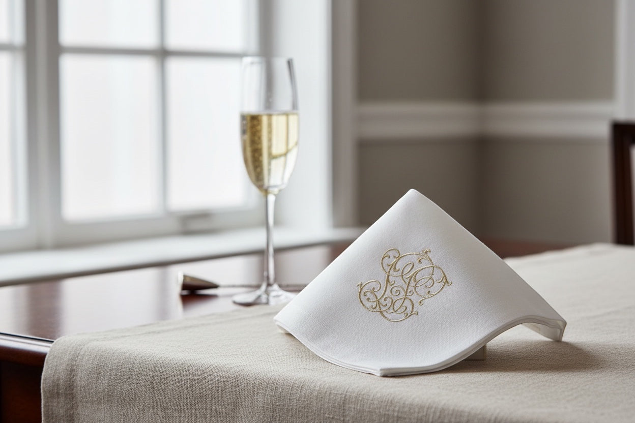 Eclectic Françoise Paviot Chiffre Or cocktail napkin with gold monogram on a table next to a champagne flute