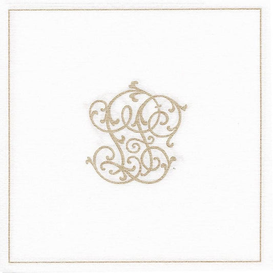 Eclectic Françoise Paviot Chiffre Or cocktail napkin in white airlaid material with an elegant gold monogram design.