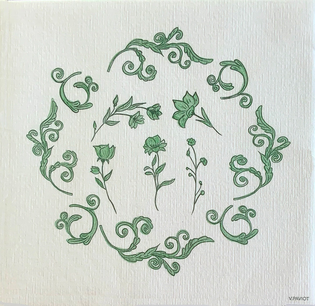 Eclectic Françoise Paviot Régence Vert dinner napkin featuring a green botanical and ornamental design on white airlaid