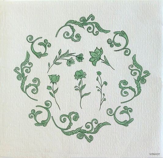 Eclectic Françoise Paviot Régence Vert dinner napkin featuring a green botanical and ornamental design on white airlaid