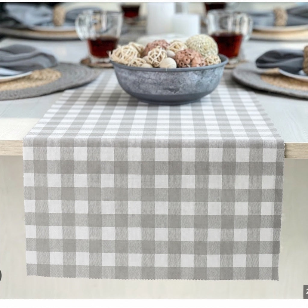 Eclectic Françoise Paviot Bistrot Gris grey and white gingham table runner roll on a dining table setting