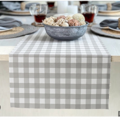 Eclectic Françoise Paviot Bistrot Gris grey and white gingham table runner roll on a dining table setting