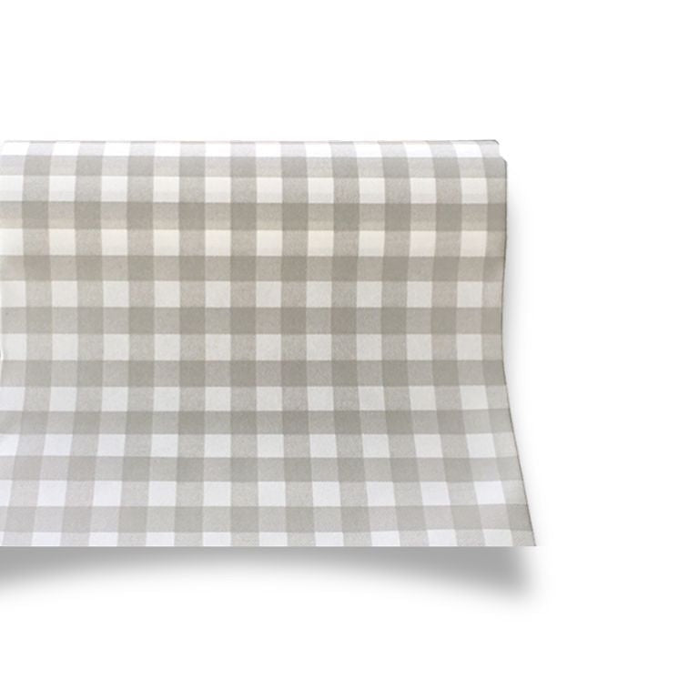 Eclectic Françoise Paviot Bistrot Gris grey and white gingham table runner roll with a linen-like airlaid texture.