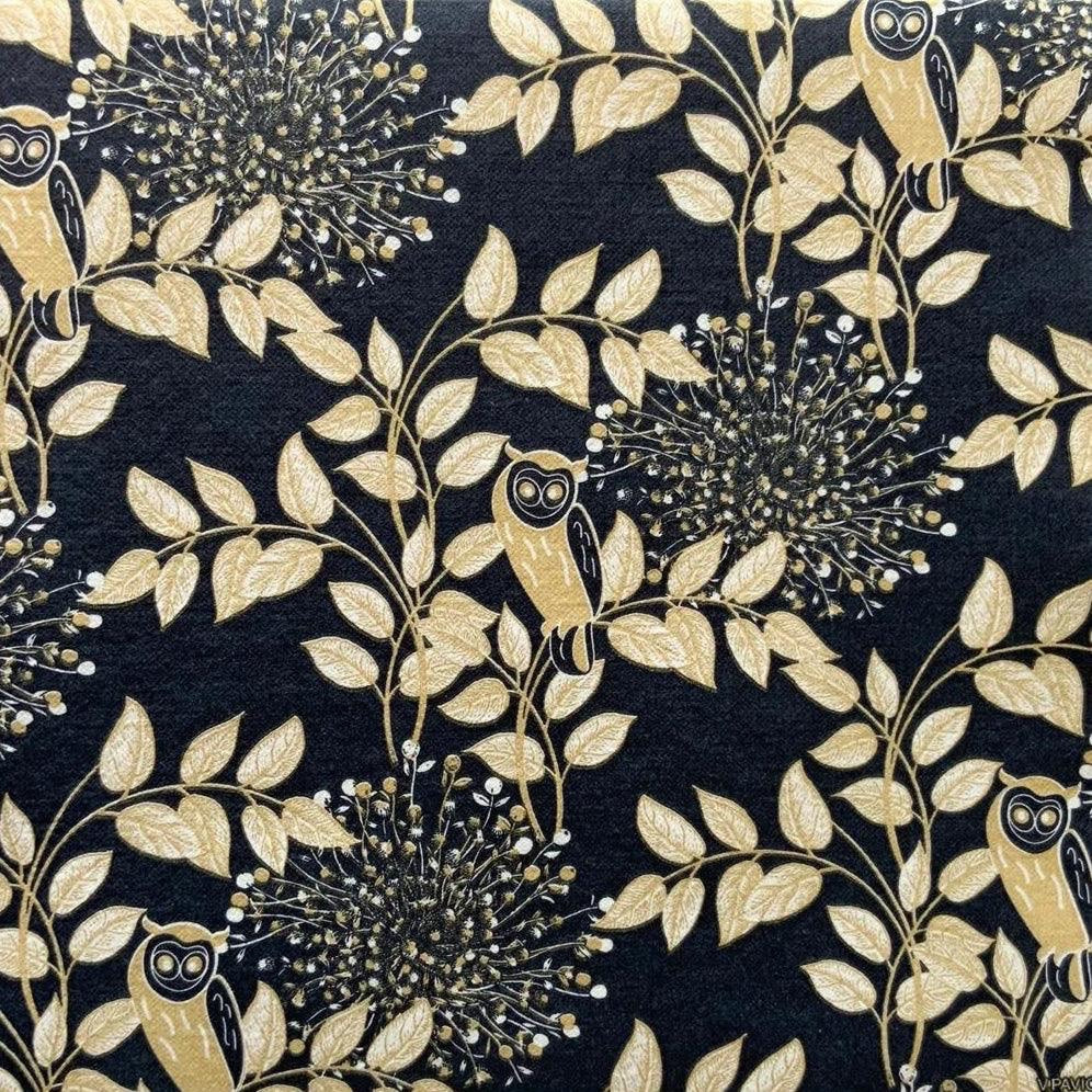 Eclectic Françoise Paviot Hibou Nuit dinner napkins featuring a midnight blue background with golden owl and leaf motifs.