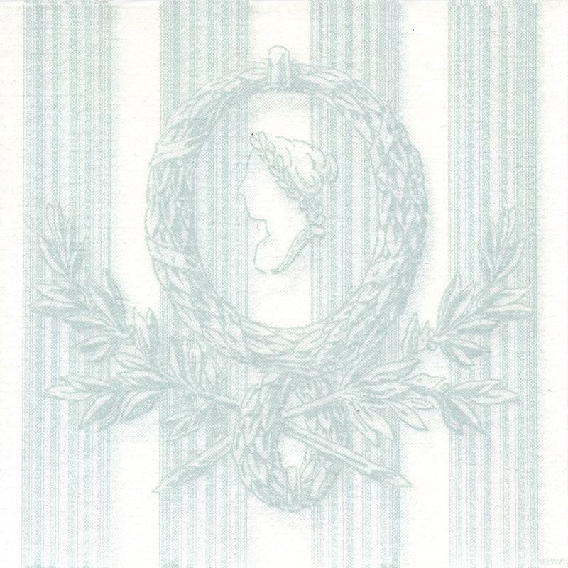 Eclectic Françoise Paviot Madame Vert dinner napkin featuring a soft green wreath and cameo motif on a striped background.