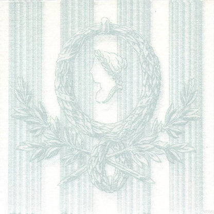 Eclectic Françoise Paviot Madame Vert dinner napkin featuring a soft green wreath and cameo motif on a striped background.