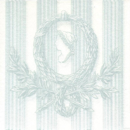 Eclectic Françoise Paviot Madame Vert dinner napkin featuring a soft green wreath and cameo motif on a striped background.
