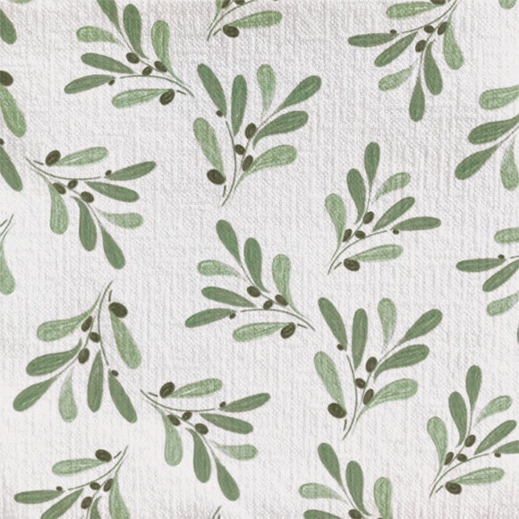Eclectic Françoise Paviot Olivier cocktail napkin with a green olive branch pattern on a soft neutral linen-like texture.