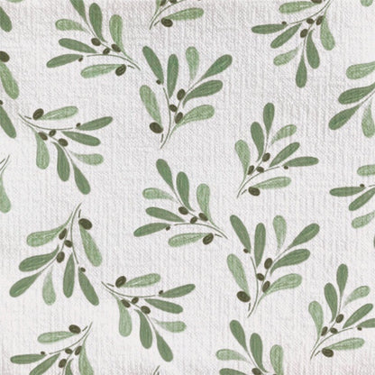 Eclectic Françoise Paviot Olivier cocktail napkin with a green olive branch pattern on a soft neutral linen-like texture.