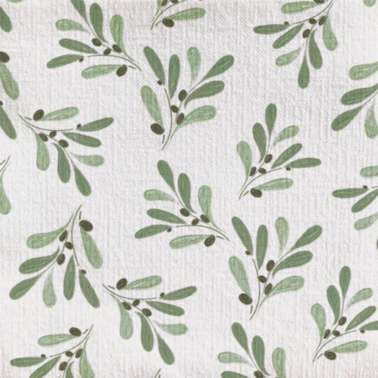 Eclectic Françoise Paviot Olivier cocktail napkin with a green olive branch pattern on a soft neutral linen-like texture.