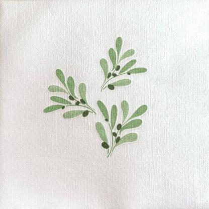 Eclectic Françoise Paviot Olivier dinner napkin featuring a delicate green olive branch print on textured greige airlaid
