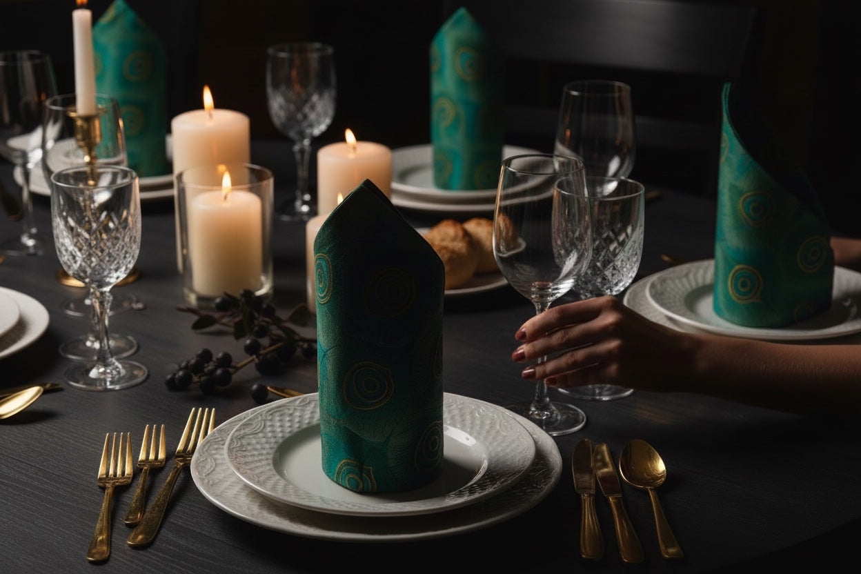 Eclectic Françoise Paviot Paon dinner napkins in emerald and teal with gold peacock feather patterns on a dining table
