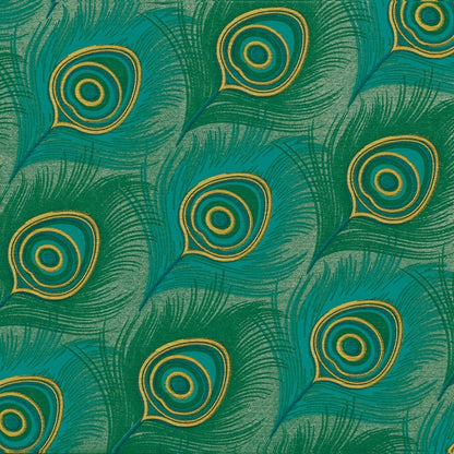 Eclectic Françoise Paviot Paon dinner napkins featuring an emerald and teal peacock feather pattern with gold accents.
