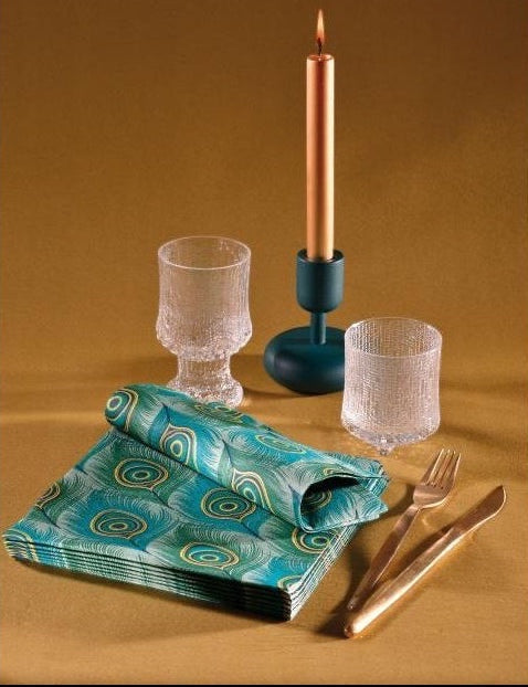 Eclectic Françoise Paviot Paon dinner napkins featuring an emerald and teal peacock feather print with gold accents.