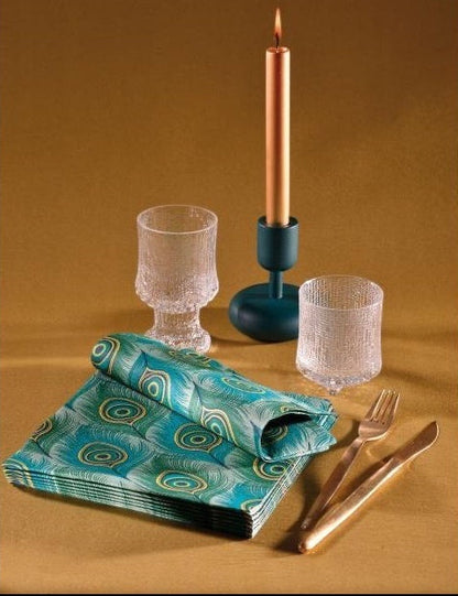 Eclectic Françoise Paviot Paon dinner napkins featuring an emerald and teal peacock feather print with gold accents.