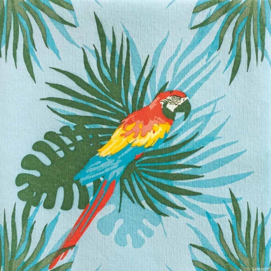 Eclectic Françoise Paviot Perroquet Turquoise airlaid dinner napkin with a vibrant parrot and tropical foliage design.