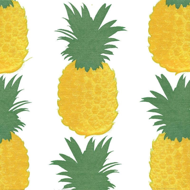 Eclectic Françoise Paviot Ananas Fond Blanc airlaid dinner napkins featuring a yellow pineapple print on white.