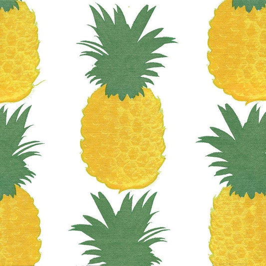 Eclectic Françoise Paviot Ananas Fond Blanc airlaid dinner napkins featuring a yellow pineapple print on white.