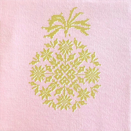 Eclectic Françoise Paviot pink airlaid dinner napkin with an elegant gold embroidered-effect floral and bow design.