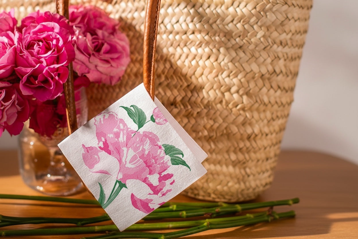 Eclectic Françoise Paviot Pivoine cocktail napkin with pink peony floral print hanging from a woven straw bag handle