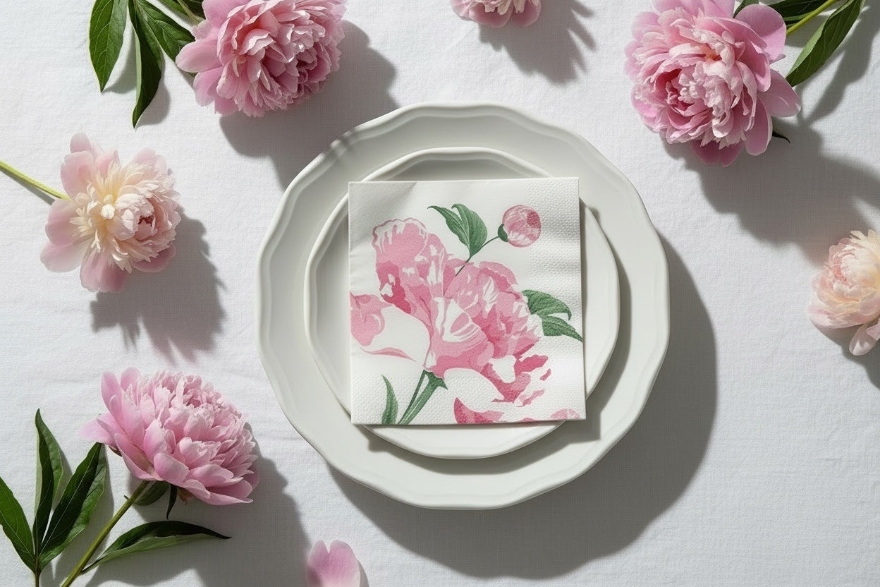 Eclectic Françoise Paviot Pivoine cocktail napkin with pink peony print on a white plate surrounded by fresh peonies.