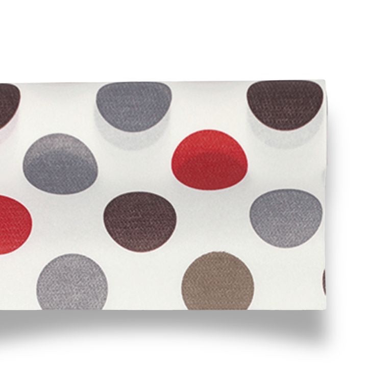 Eclectic Françoise Paviot Pastille Hiver table runner with a white base and red, grey, taupe, and brown polka dots.
