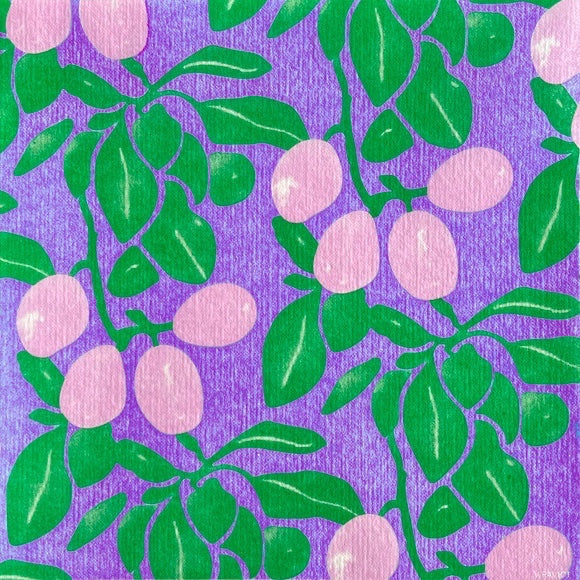 Eclectic Françoise Paviot Prune cocktail napkins featuring a plum tree design in mauve and green on a purple background