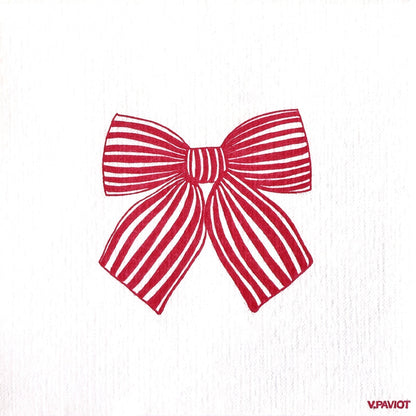 Eclectic Françoise Paviot Noeud Rouge cocktail napkin featuring a red striped bow design on white airlaid material.