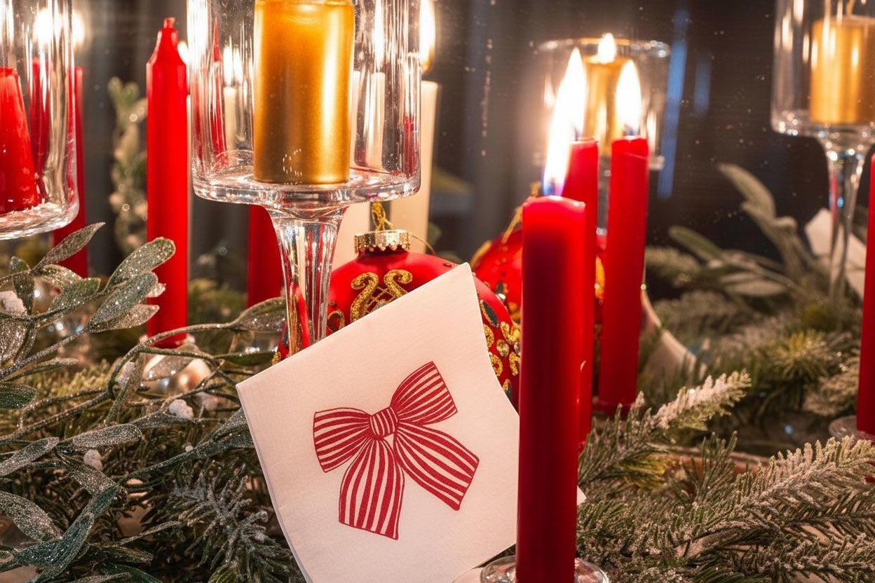 Eclectic Françoise Paviot Noeud Rouge cocktail napkin with red bow design on a festive holiday table with candles