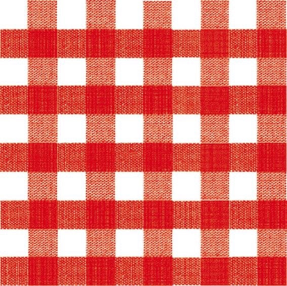 Eclectic Françoise Paviot Bistrot Rouge dinner napkins featuring a classic red and white gingham check pattern.