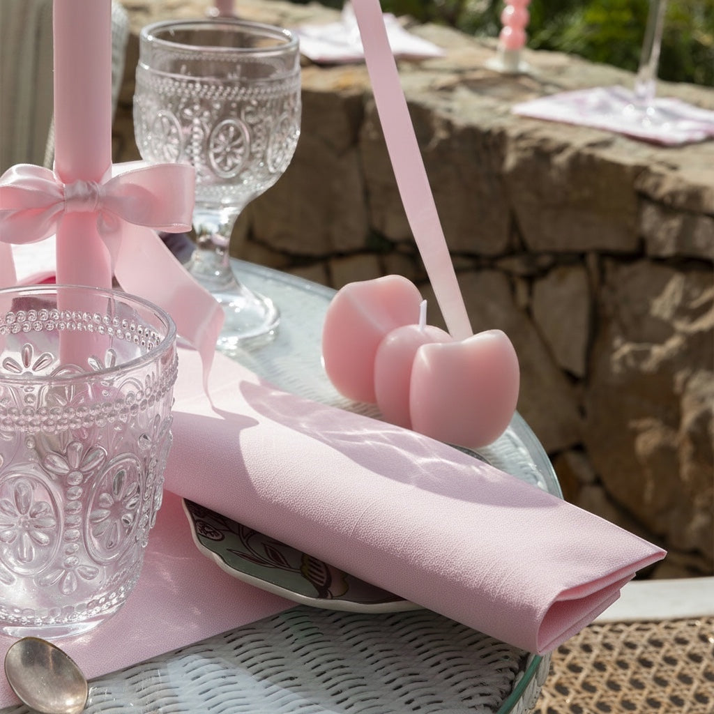 Eclectic Françoise Paviot rose dinner napkin in soft blush airlaid material on an elegant outdoor table setting