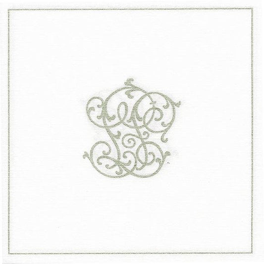 Eclectic Françoise Paviot Chiffre Argent white airlaid cocktail napkin with an elegant silver monogram design