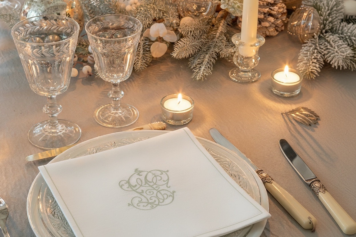 Eclectic Françoise Paviot Chiffre Argent silver monogram airlaid dinner napkin on a festive holiday table setting.