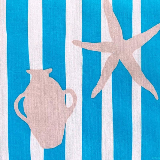Eclectic Françoise Paviot Transat Bleu airlaid dinner napkin with blue and white stripes, starfish, and vase motif.