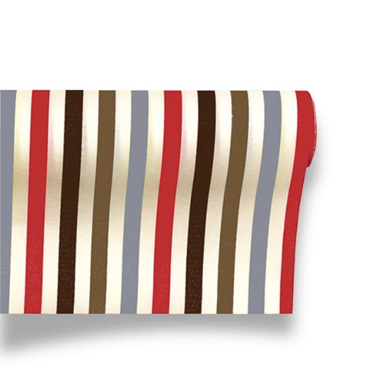 Eclectic Françoise Paviot Rayure Hiver striped table runner roll in red, taupe, grey, and brown airlaid material.