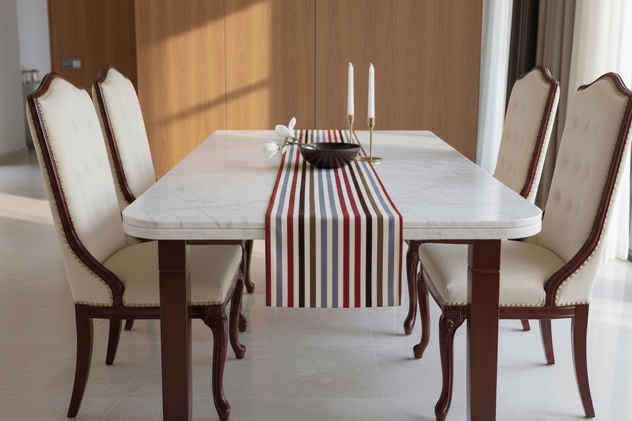 Eclectic Françoise Paviot Rayure Hiver striped table runner on a marble dining table with elegant chairs
